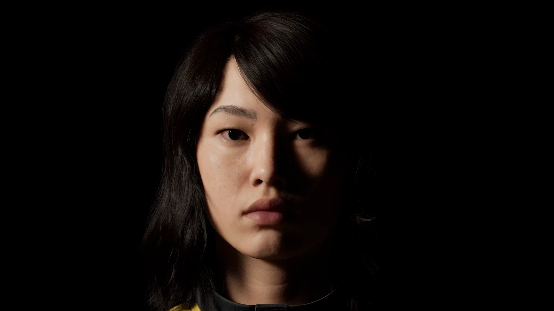 CG portrait lit by a hard key from camera left, the far side of the face falling into shadow