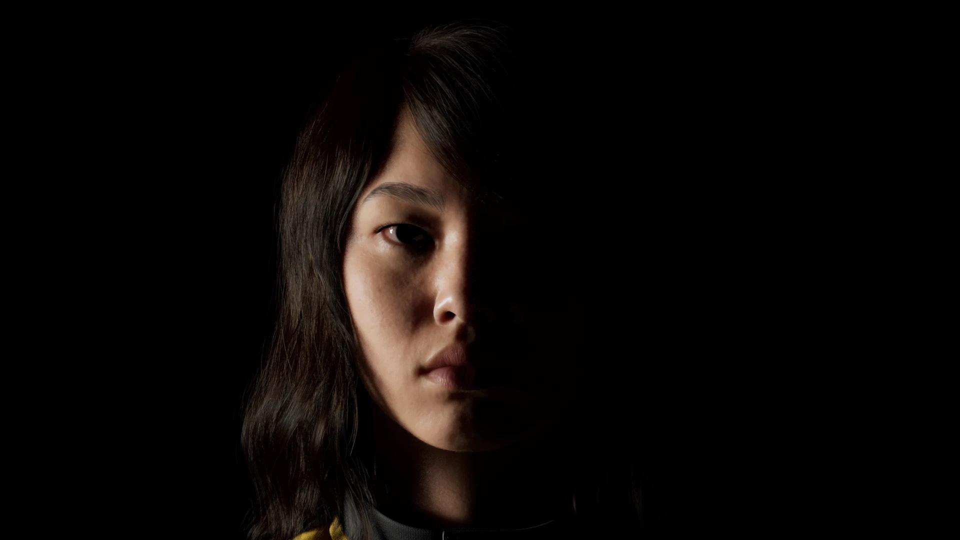 CG portrait in split lighting, half the face lit and half in darkness