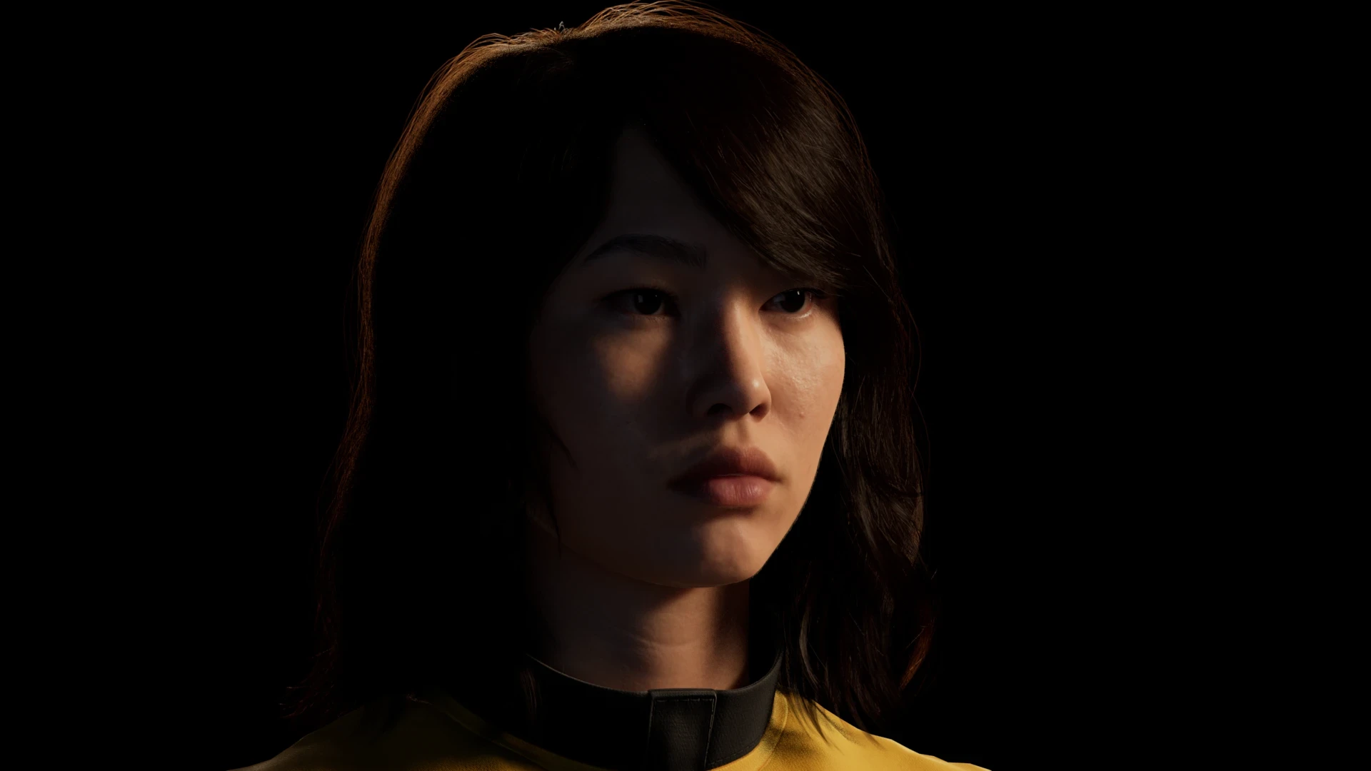 CG portrait under a soft warm key from three-quarter front, gentle falloff across the face
