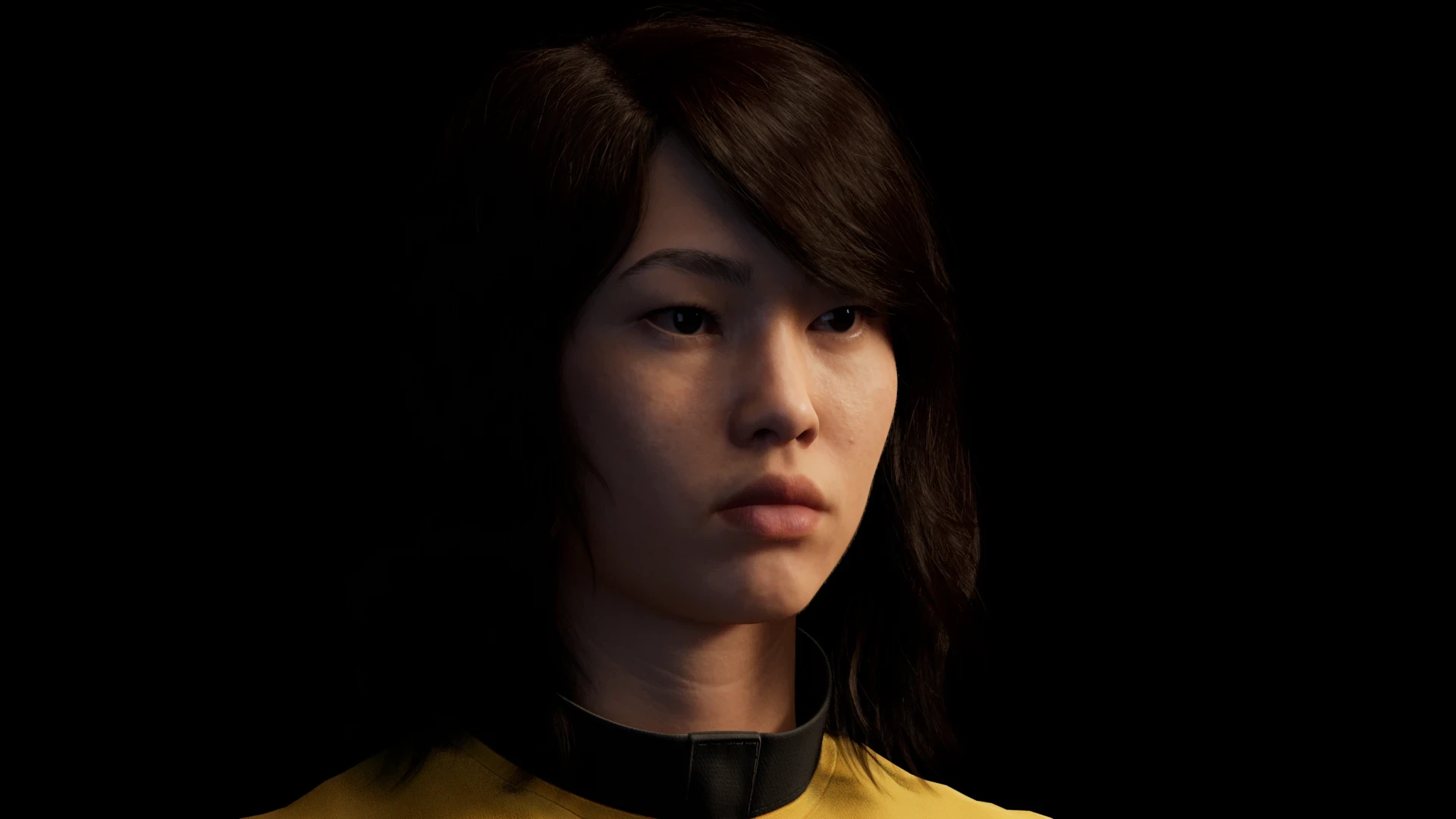 CG portrait under a broad frontal key, flatter contrast across the features