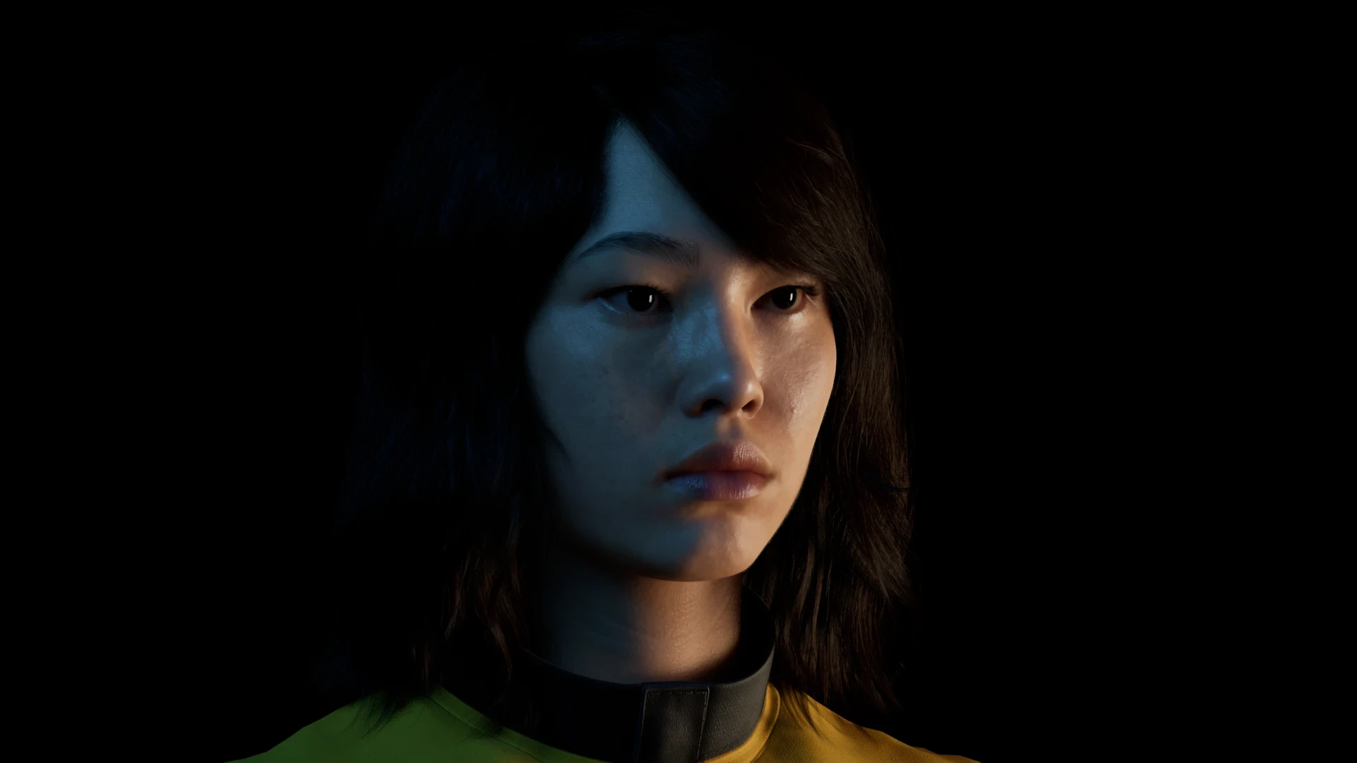 CG portrait under a cool blue-green key from camera left against a black ground