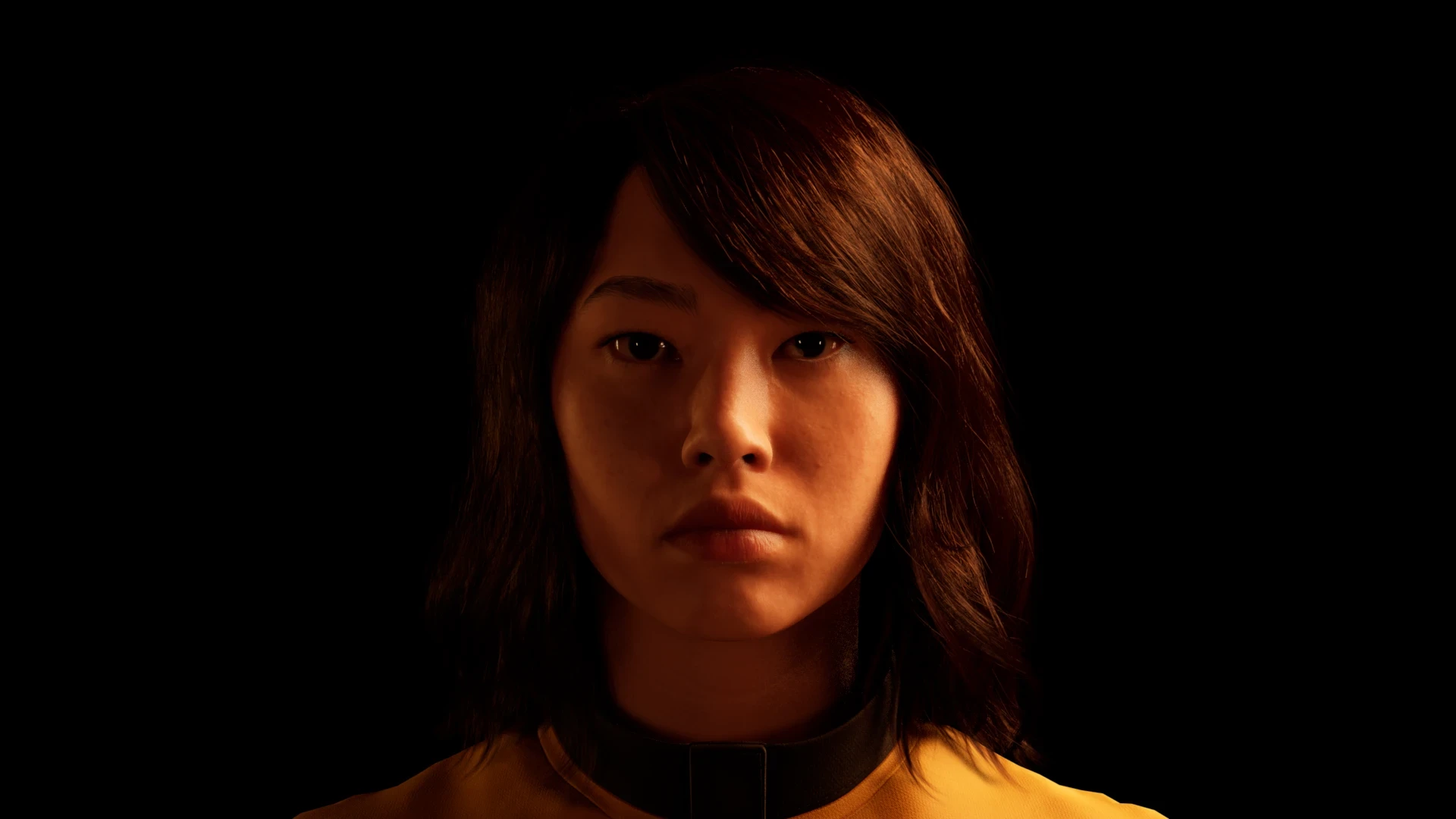 CG portrait lit symmetrically by a warm amber frontal key