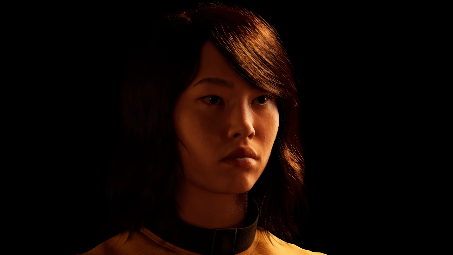 CG portrait turned three-quarters away, warm key raking across the cheek from screen right