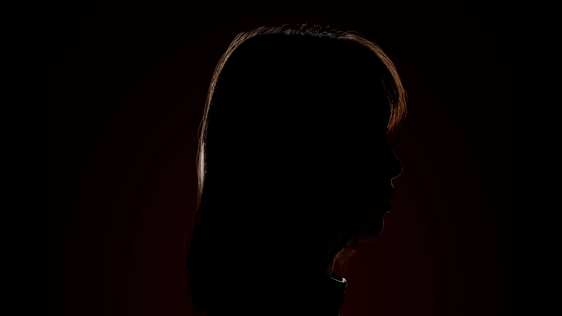 CG figure in profile silhouette, a warm rim picking out the brow and nose against a deep red ground