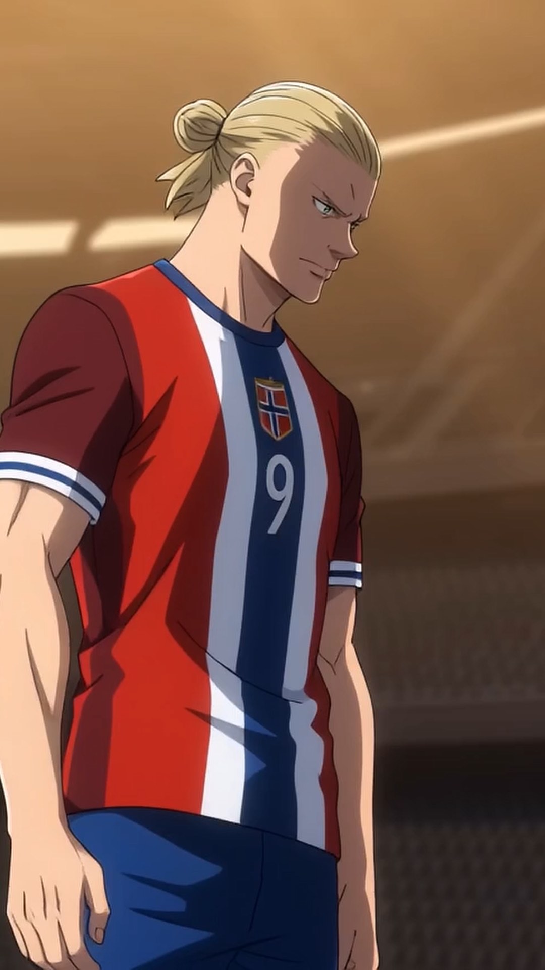 Anime still — a blond number nine in a Norway kit, Norway versus France sequence