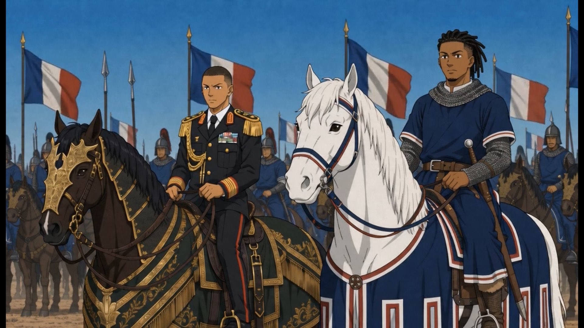Anime still — two riders in French colours at the head of a cavalry line