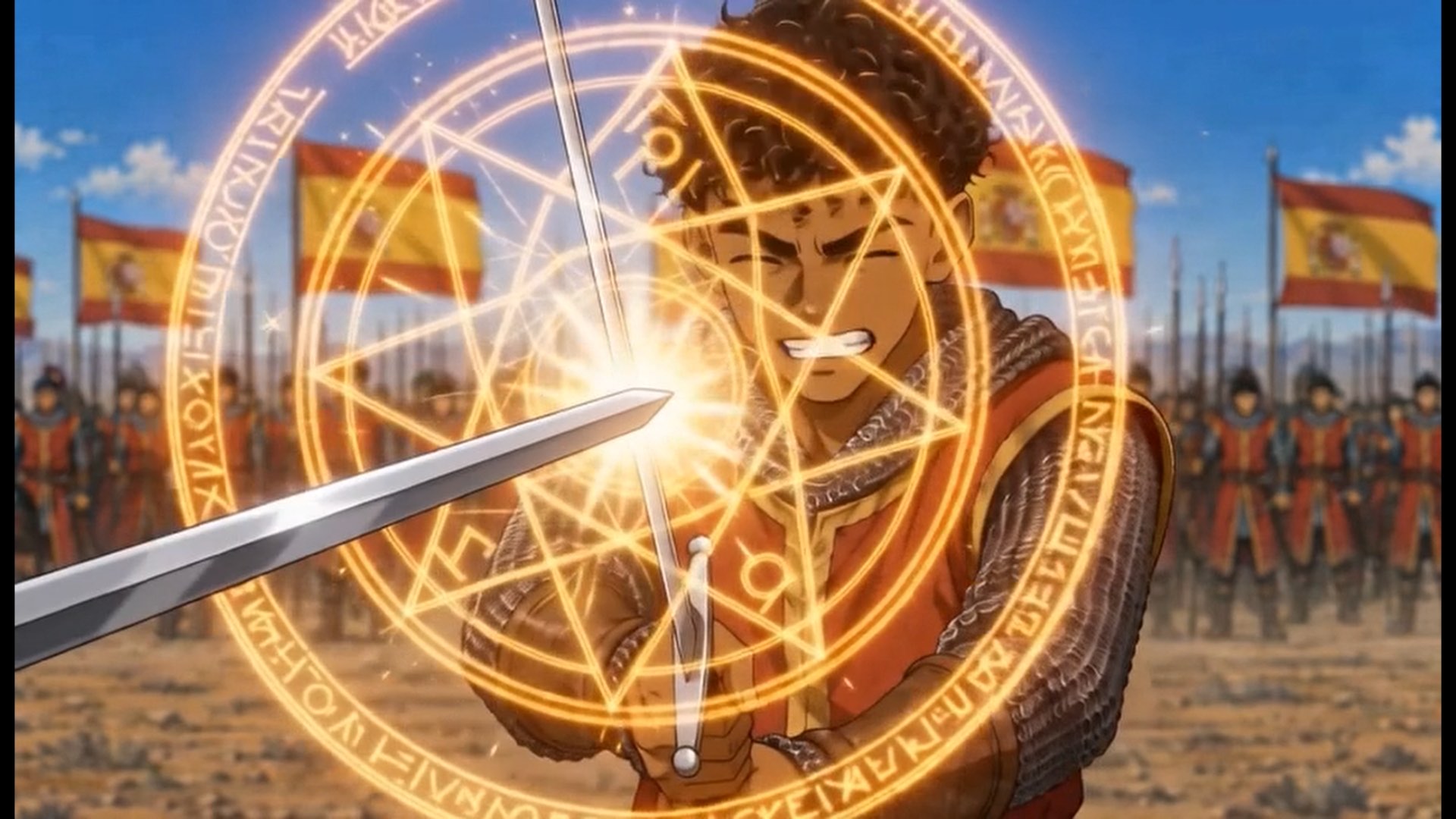 Anime still — a soldier drawing a sword through a glowing sigil, Spanish flags and ranks behind