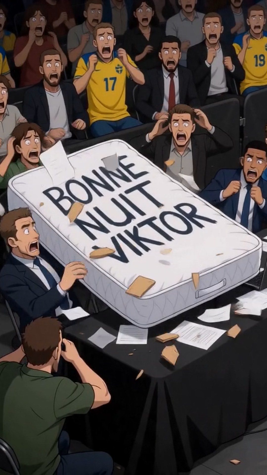 Anime still — a crowd reacting in a press room, France versus Sweden sequence