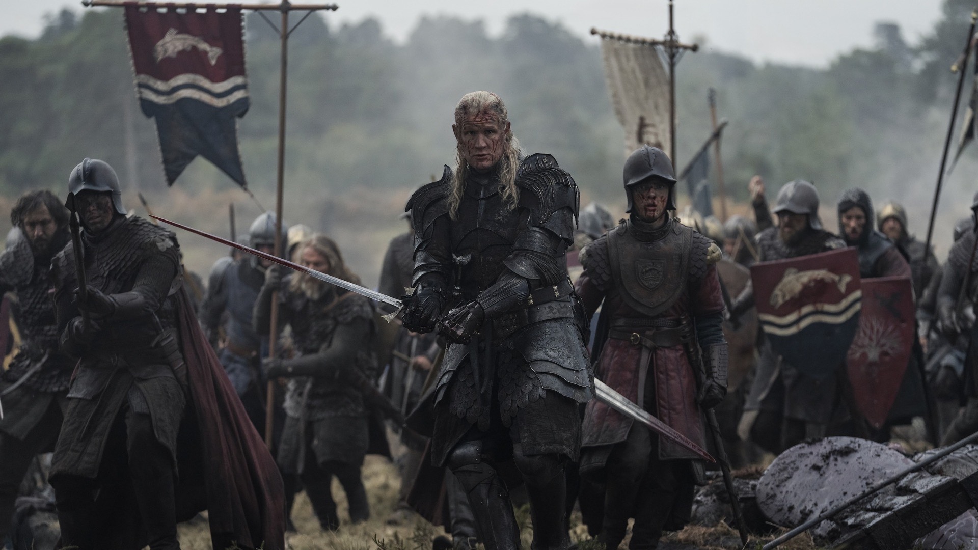House of the Dragon — an armoured commander advancing across a battlefield, house banners behind the line