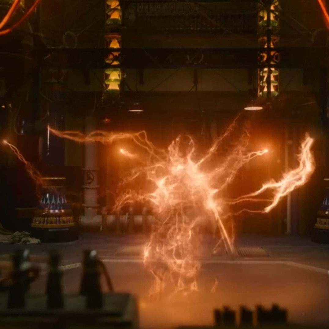 The finished shot — a human figure formed entirely of arcing orange electricity, standing in the Victorian ironwork set