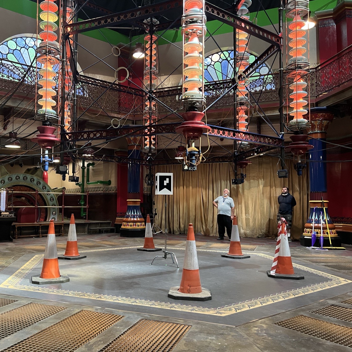The capture volume marked out with traffic cones inside the set, crew standing at the back