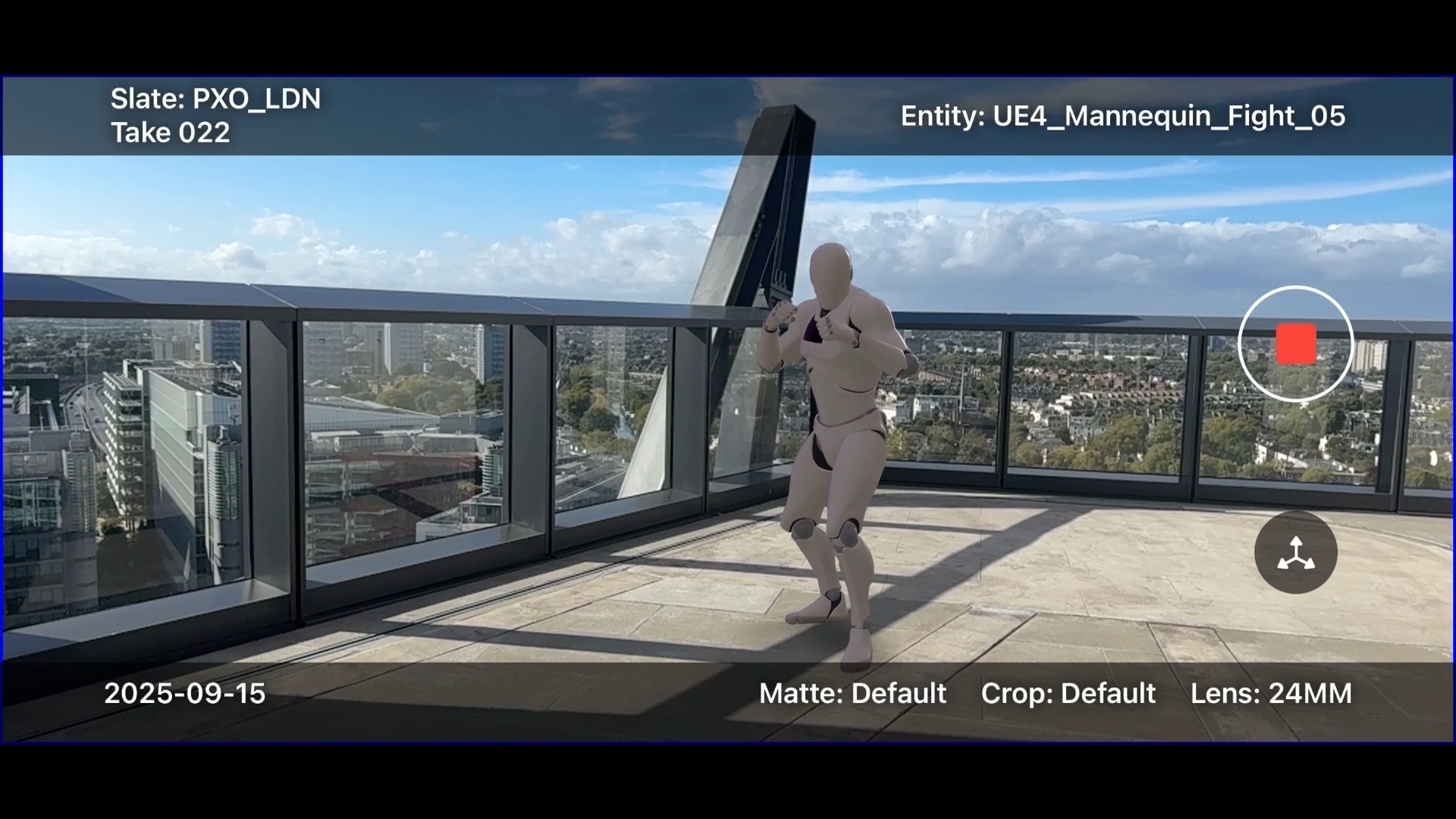 A CG mannequin caught mid-movement on a rooftop terrace, city skyline behind, app slate overlaid