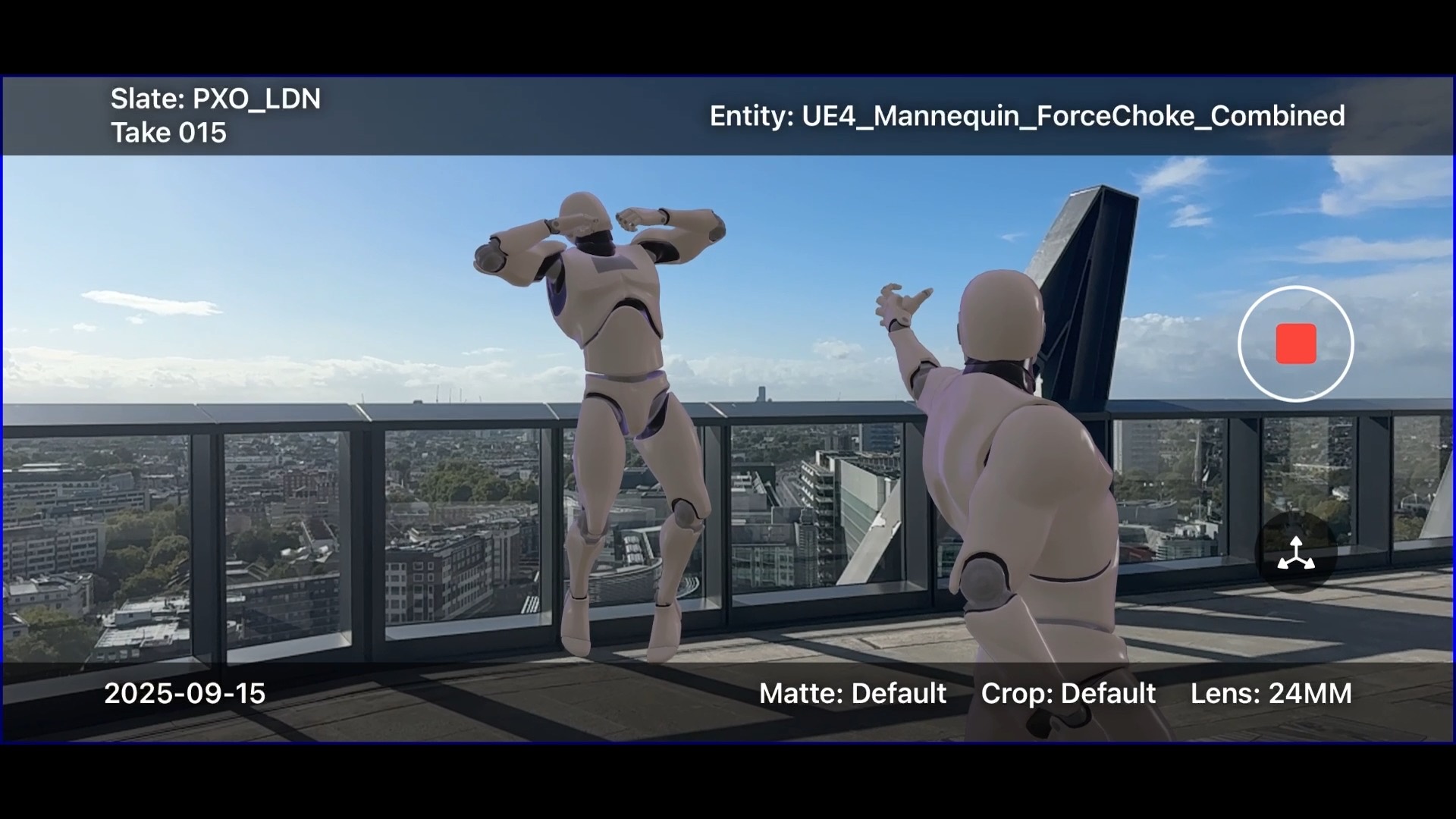 Two CG mannequins on the rooftop terrace, one reaching towards the other, city skyline behind