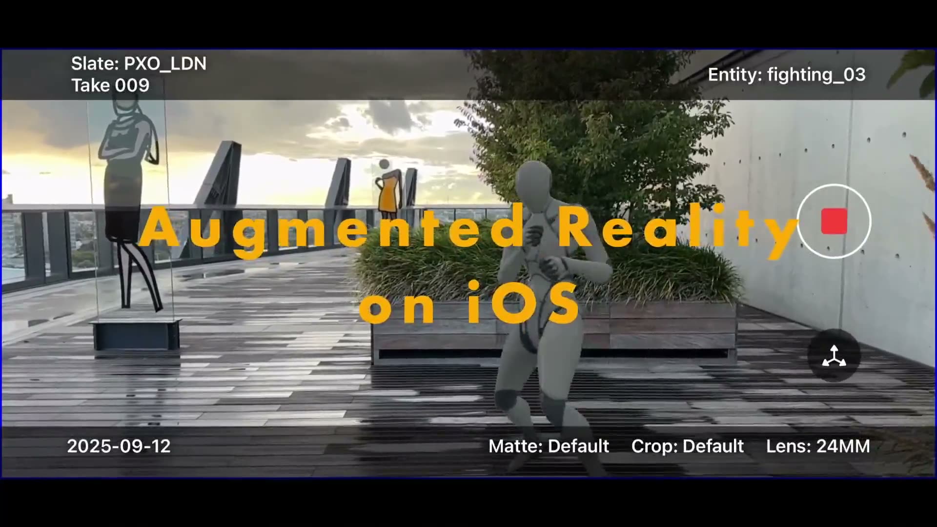 Screen recording of the app: a CG mannequin standing on a rooftop terrace, with the slate, entity name, date and lens burned into the frame
