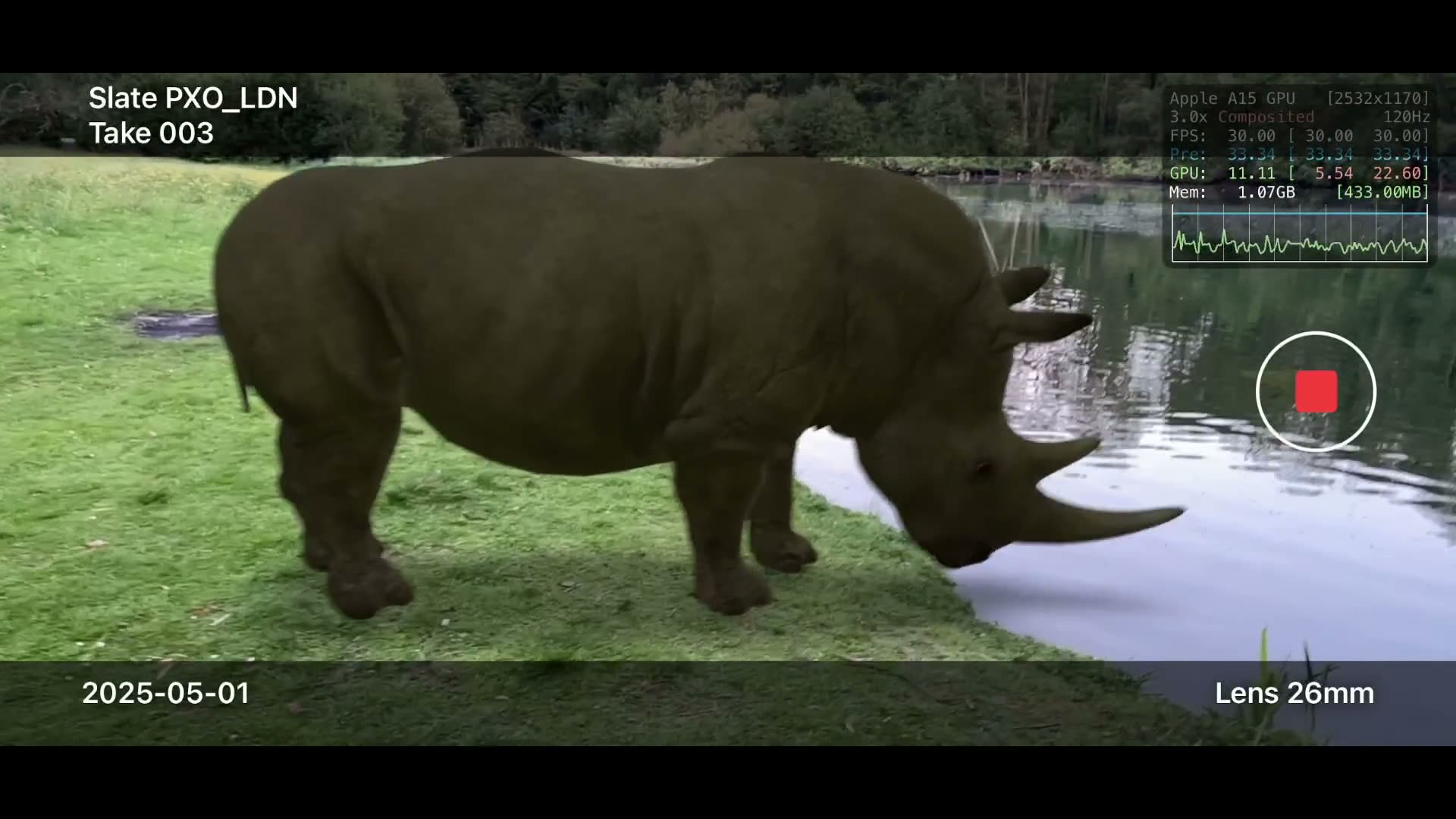 Screen recording of the app: a CG rhinoceros standing on the grass beside a lake, with the app's slate and performance readouts overlaid
